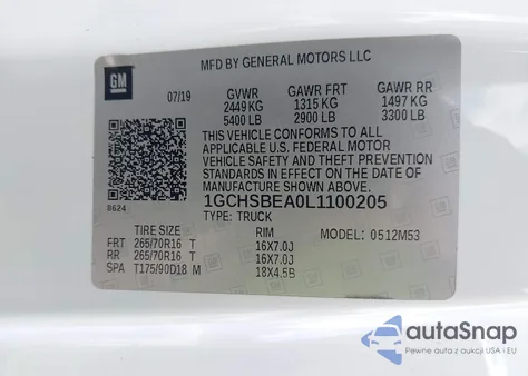 2020 Chevrolet Colorado 2Wd Long Box Wt z USA, uszkodzony, nr VIN 1GCHSBEA0L1100205